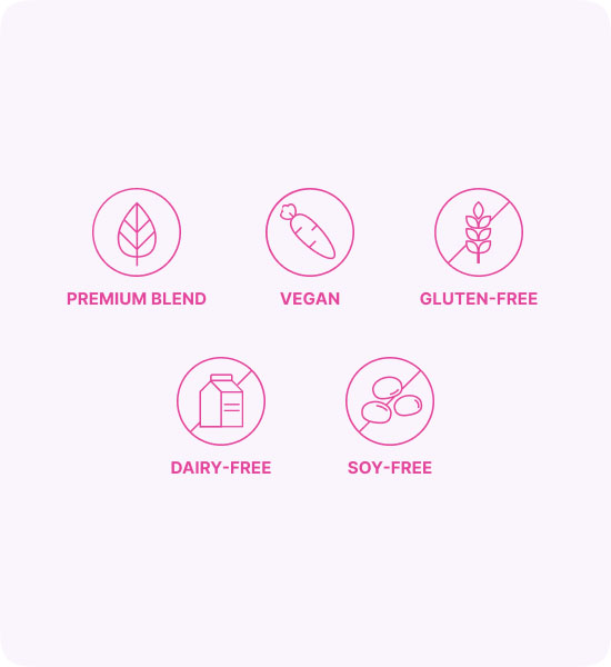 Icons representing product features: Premium Blend, Vegan, Gluten-Free, Dairy-Free, Soy-Free