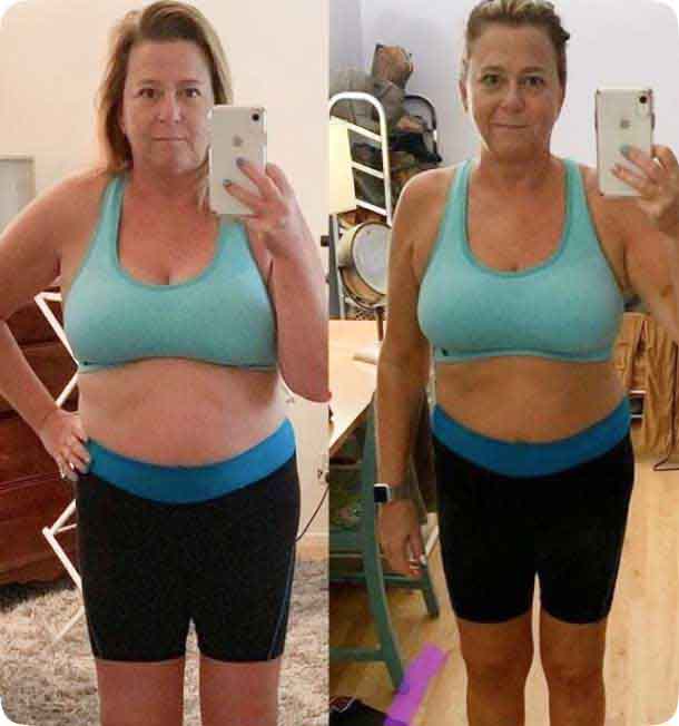 Before and after photo of a woman showing weight loss results