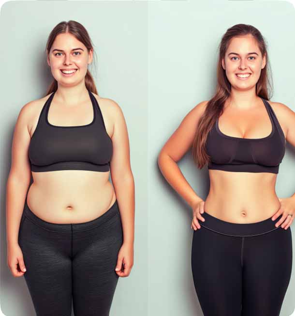 Side-by-side before and after photos of a woman showing weight loss transformation